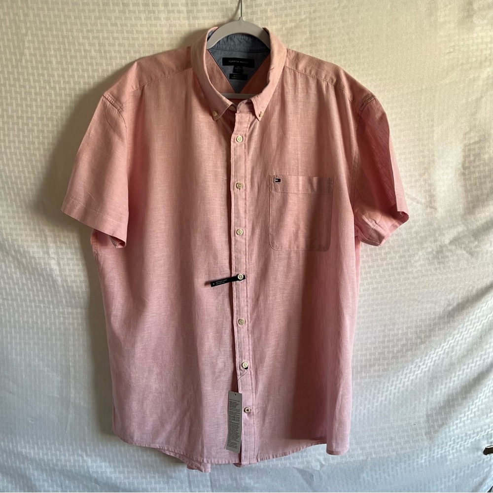 Tommy Hilfiger Regular Fit Button Down Linen Blend Short Sleeve Shirt Pink XXL